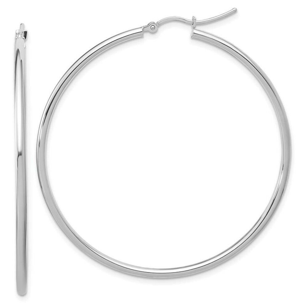 2mm Round Hoop Earrings in 10k White Gold, 51mm (2 Inch)